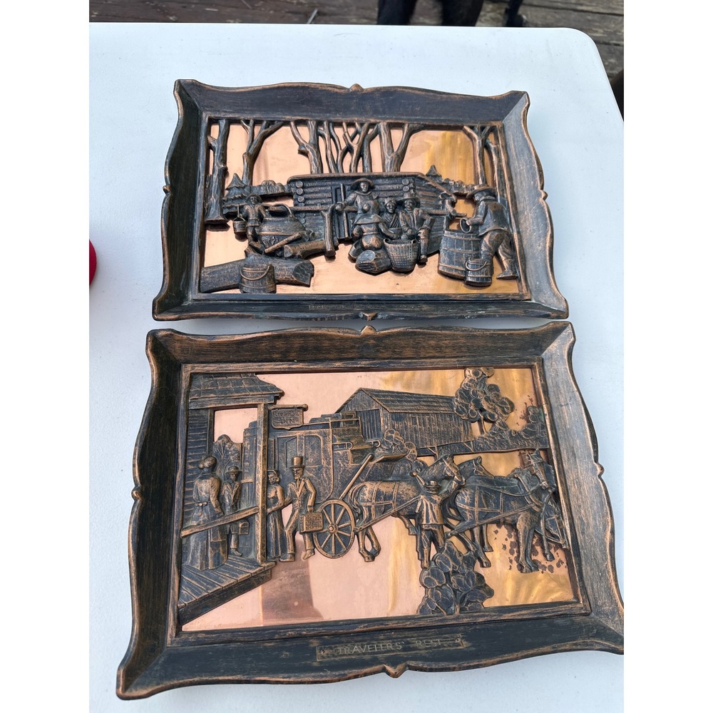 Vintage Syroco Copper Wall Plaques Maple Sugar Time Travelers Rest Set 4164 4167